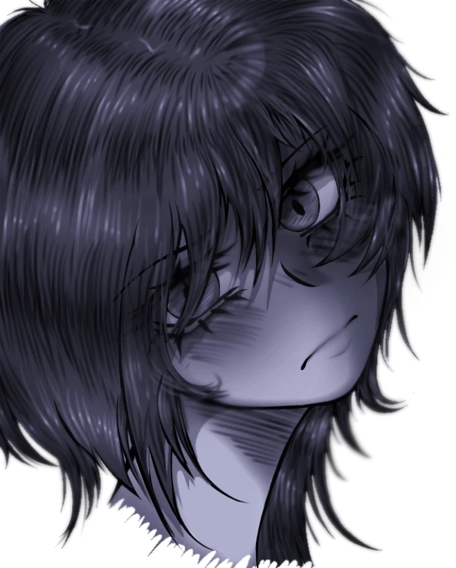 Ilustración: Retrato de cabello oscuro y sombreado detallado en tonos grises y violetas.