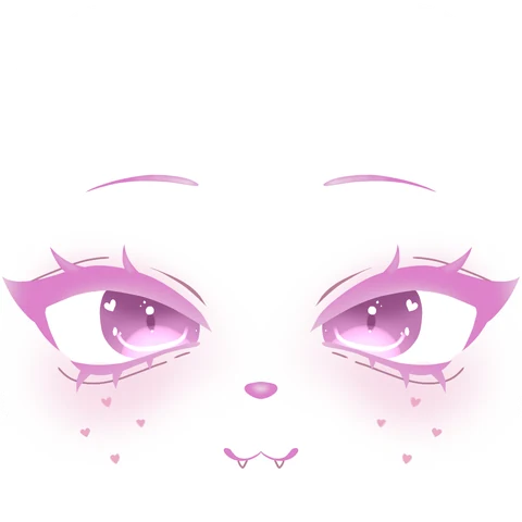 Cara personalizada: Ojos y pestañas rosadas con pequeños corazones en las mejillas.